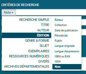 copie d'écran du formulaire de recherche avancée avec le filtre notes