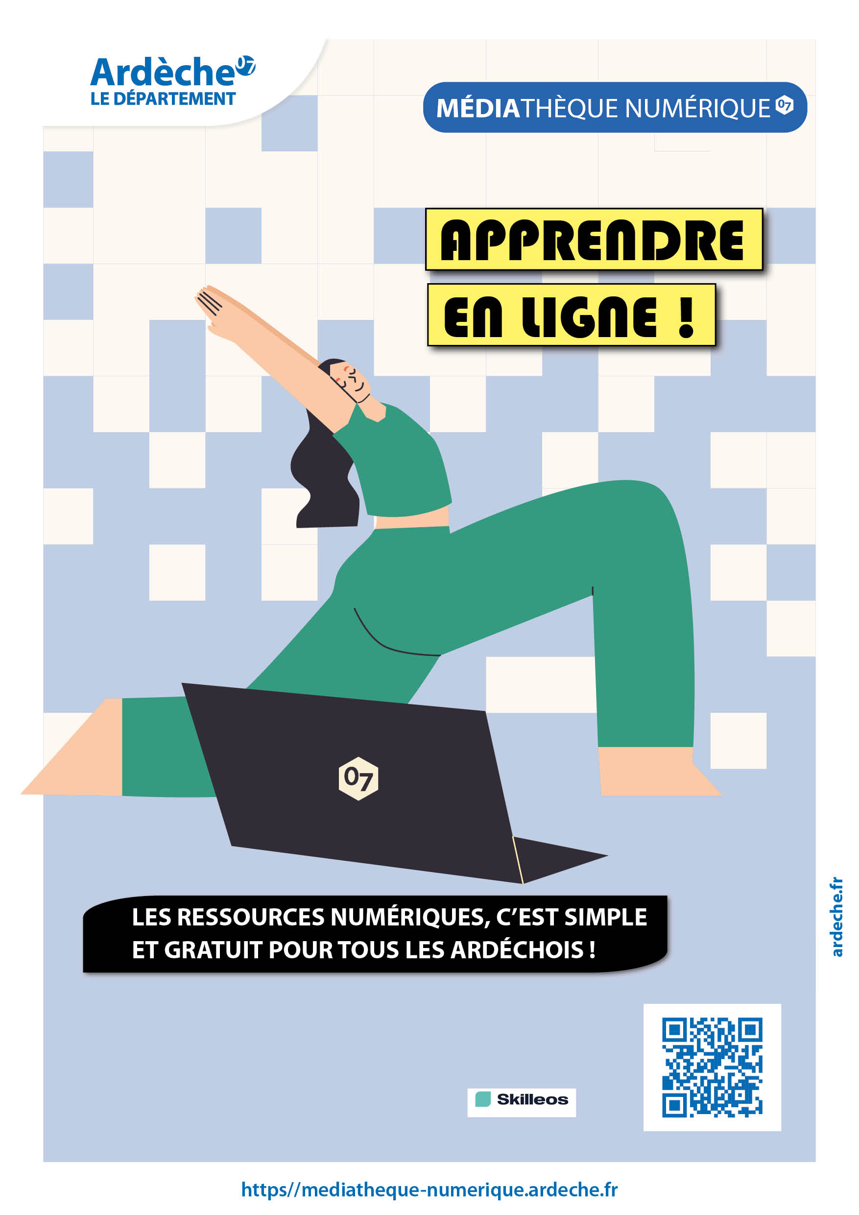 affiche représentant un personnage faisant du yoga devant un pc