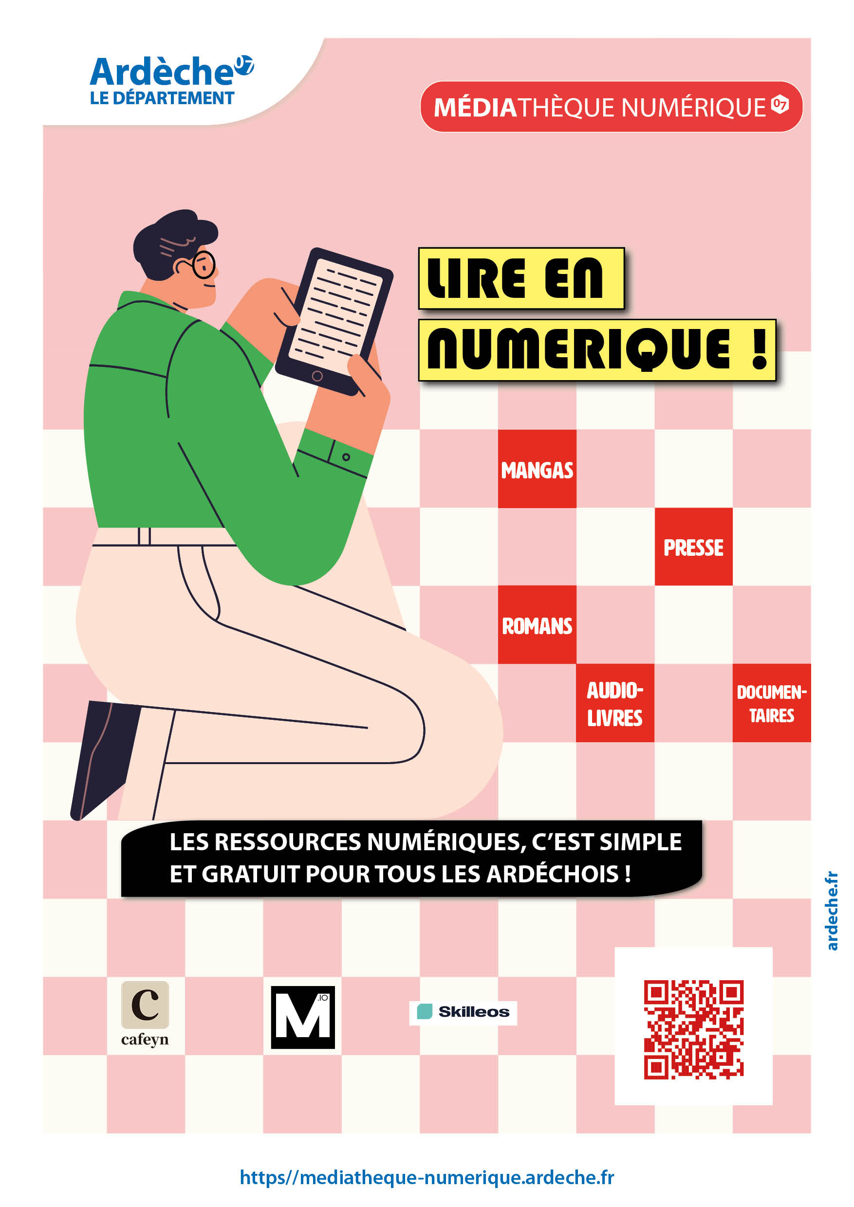 affiche représentant un personnage lisant sur une tablette