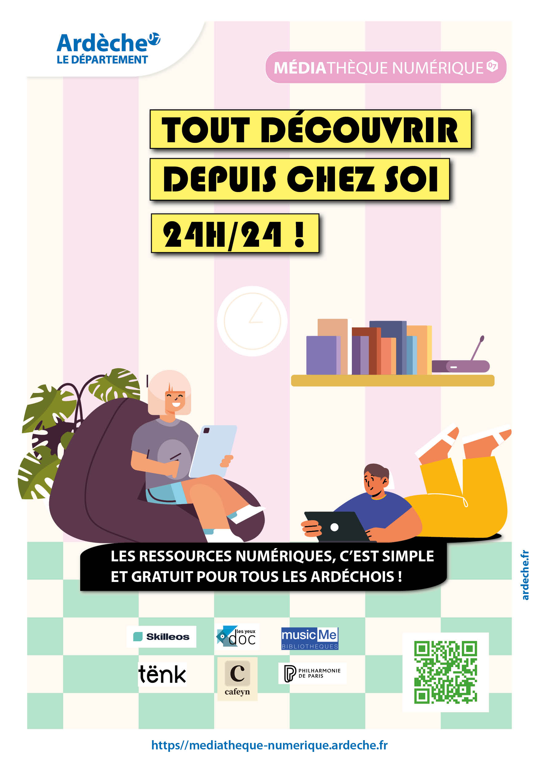 affiche représentant des personnages avec des téléphones et ordinateurs et tous les logos des prestataires numériques du site de la médiathèque numérique