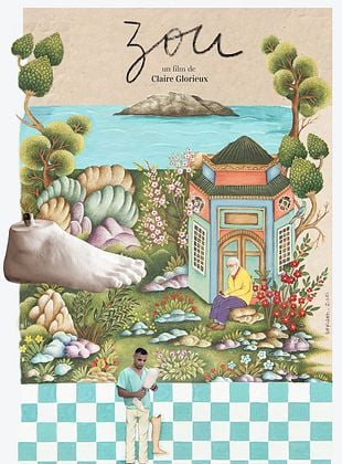 Affiche en vert et beige représentant une maison au bord de l'eau avec deux personnages