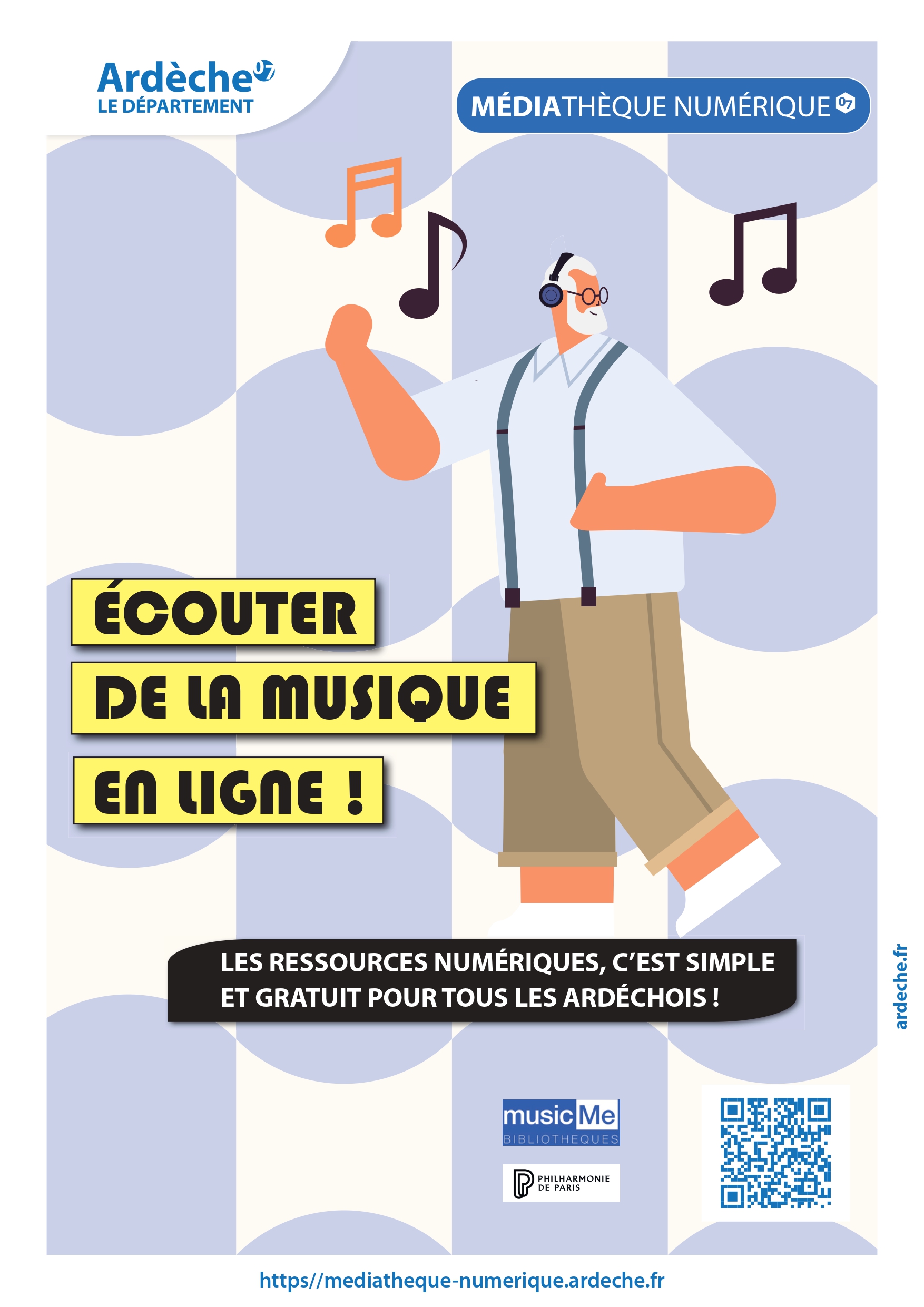 affiche montrant un personnage âgé qui danse avec un walkman et des écouteurs
