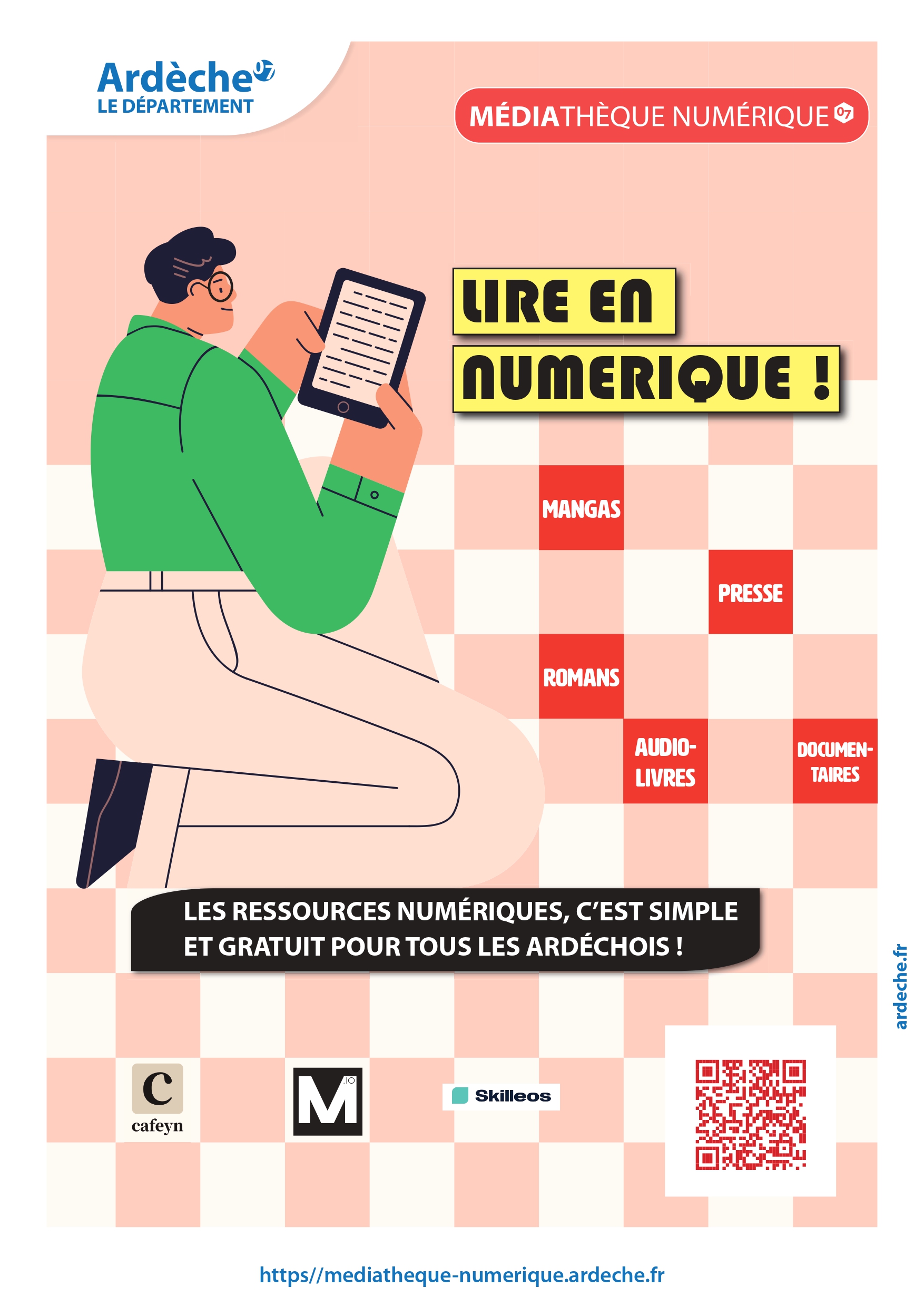 Affiche montrant un personnage assis par terre et lisant sur son téléphone