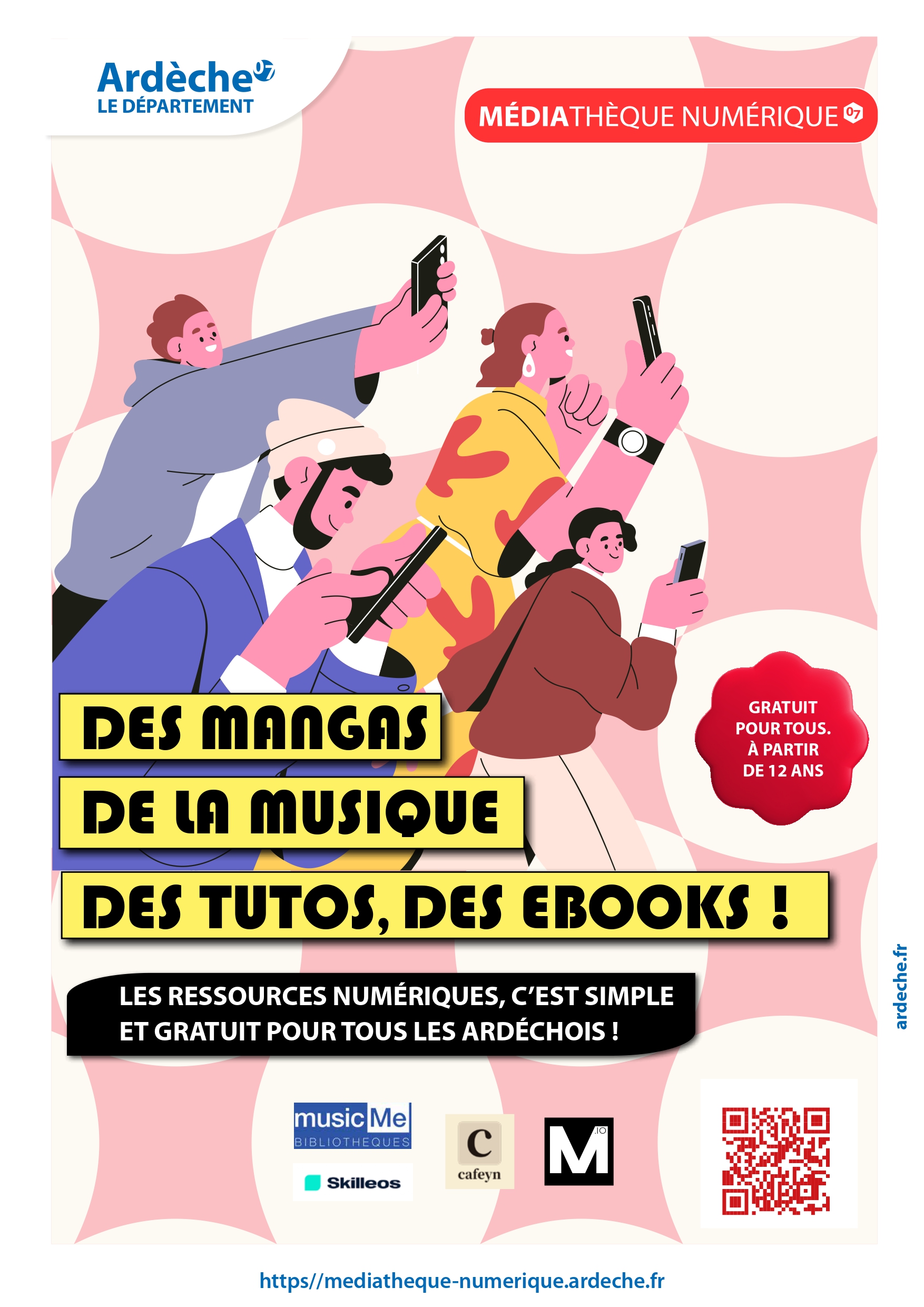 affiche représentant des personnages avec des téléphones et ordinateurs et tous les logos des prestataires numériques du site de la médiathèque numérique
