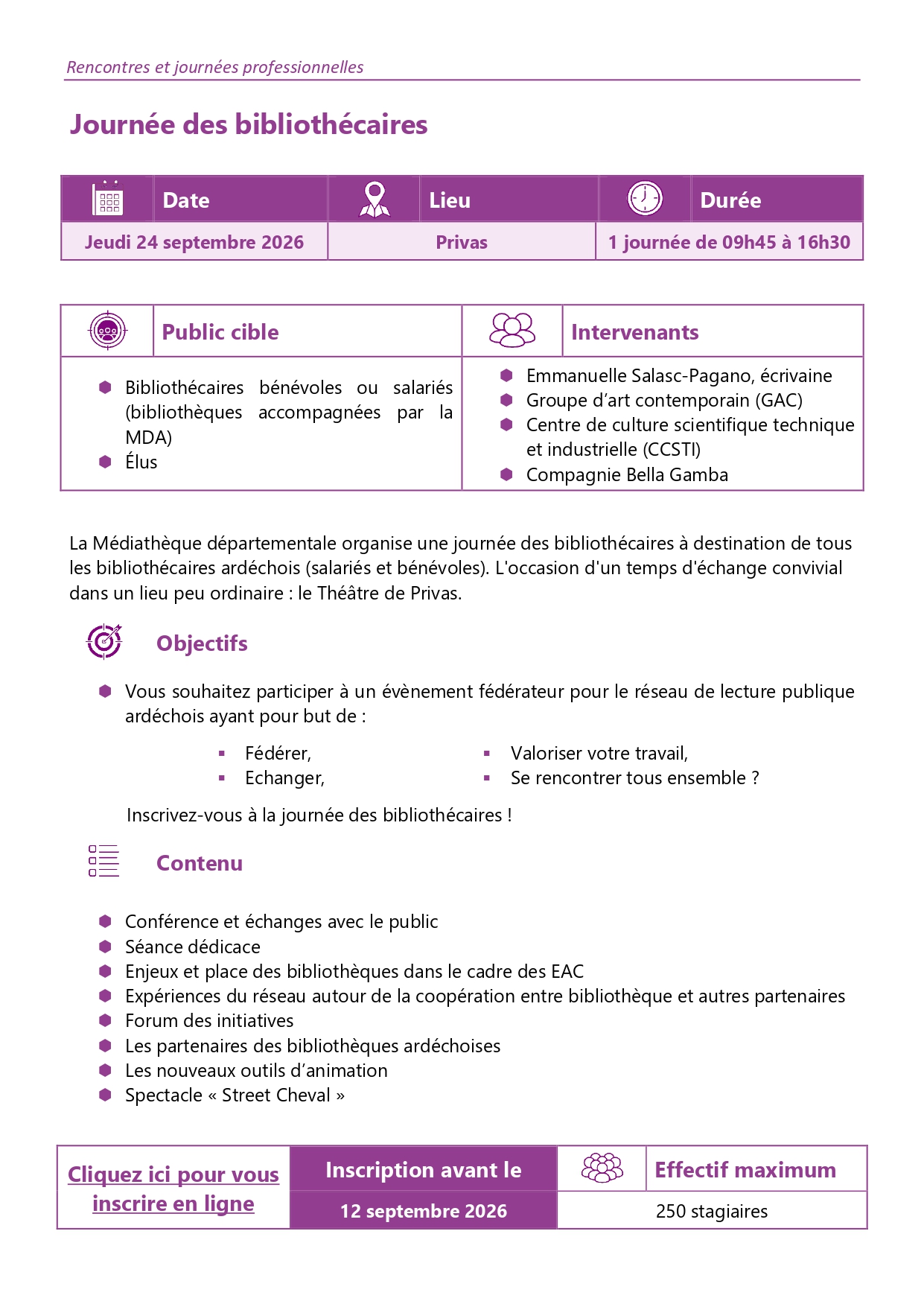 fiche sur fond rose présentant le programme de la formation journée des bibliothécaires du 24 septembre 2026