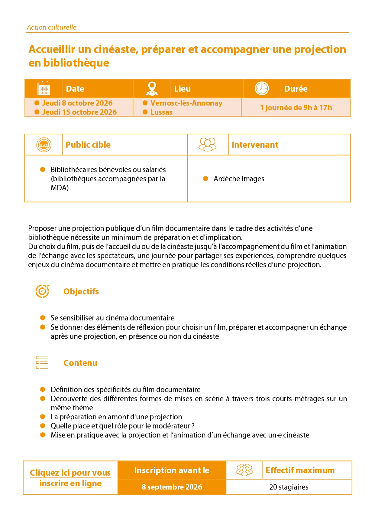 description de la formation Accueillir un cinéaste en bibliothèque les 8 et 15 octobre 2026