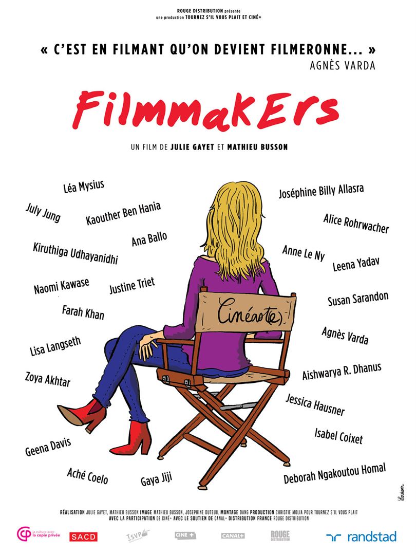 Affiche du film FilmmakErs représentant une femme dessinée de dos, assise sur un fauteuil de réalisatrice.
