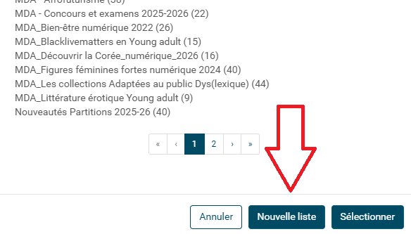 copie d'écran du logiciel avec la fenêtre montrant des listes et un bouton Nouvelle liste pointé par une flèche rouge