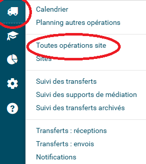copie d'écran du logiciel Syrtis avec un logo de camion et la mention Toutes opérations site entourés en rouge