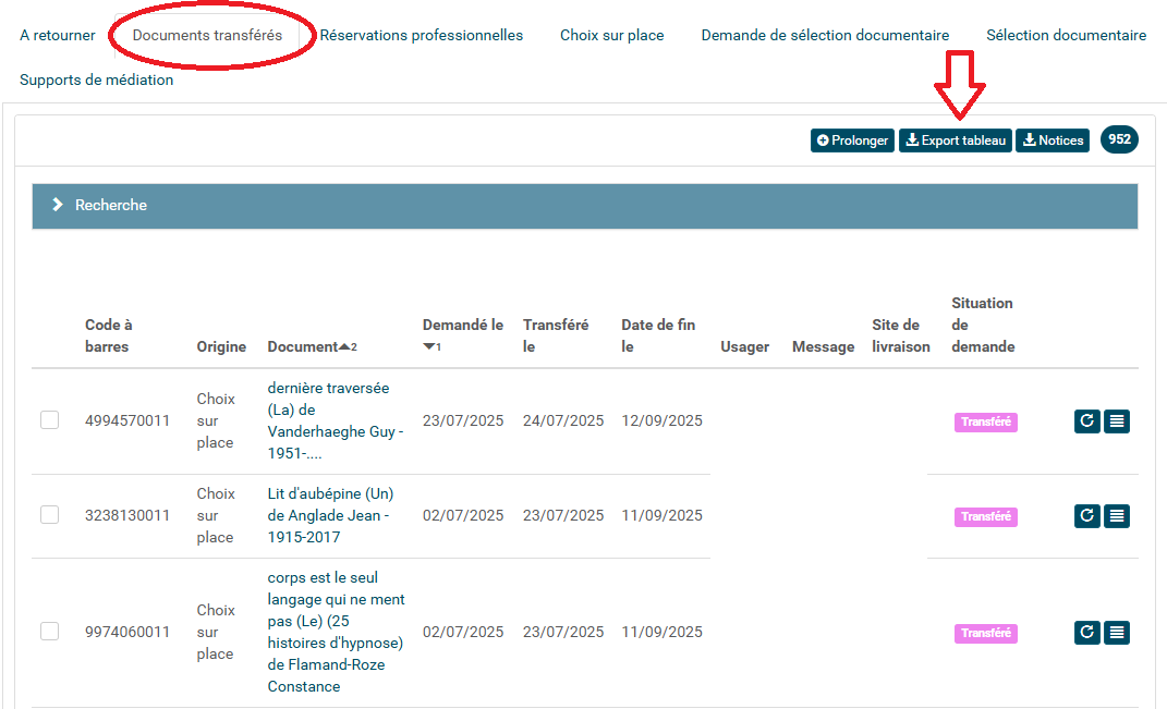 copie d'écran de l'onglet documents transférés et export tableau