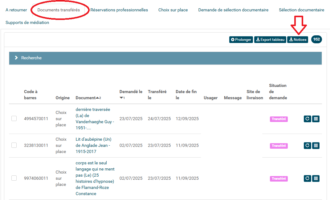 copie d'écran de l'onglet documents transférés