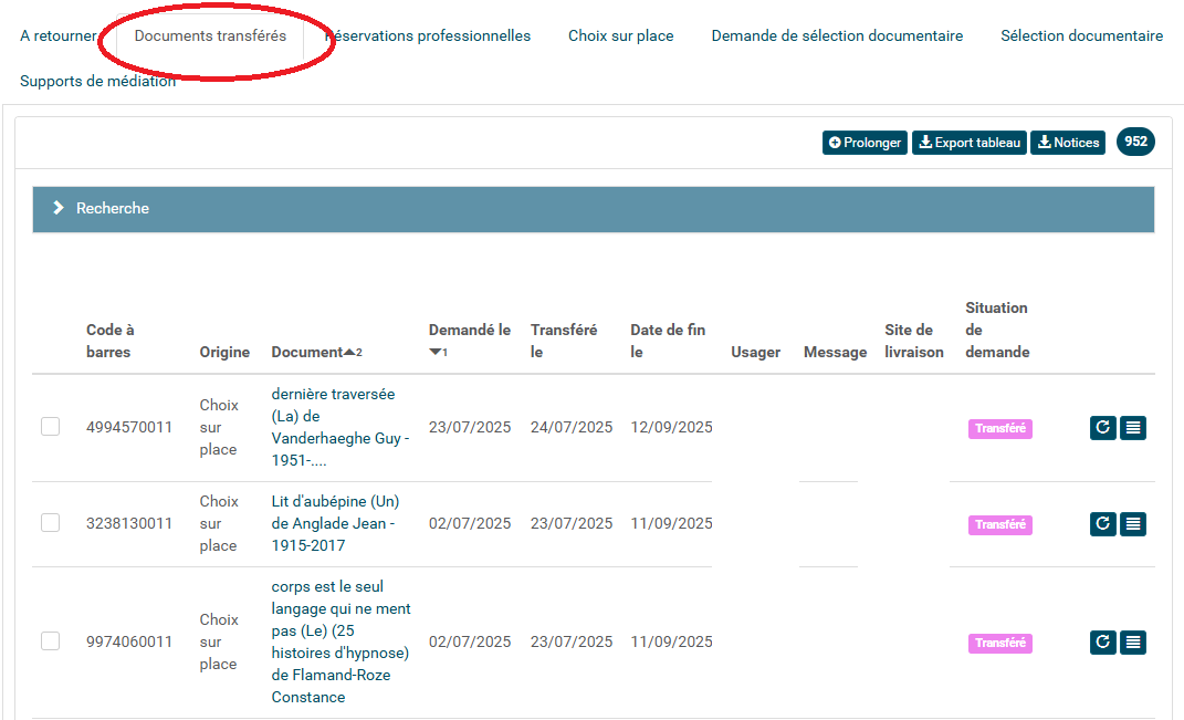 copie d'écran du logiciel Syrtis avec un compte professionnel ouvert et l'onglet Documents transférés entouré en rouge