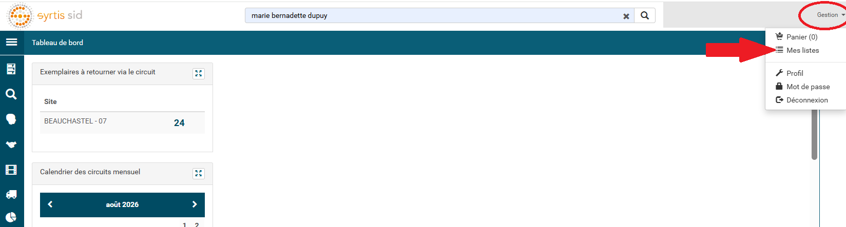 copie d'écran du logiciel Syrtis de la page d'accueil avec le bouton Gestion entouré en rouge et la liste déroulante ouverte où le bouton mes listes est pointé par une flèche rouge