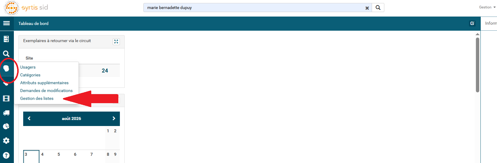 copie d'écran du logiciel et de la page d'accueil avec le menu usager à gauche ouvert et une flèche rouge pointant vers le bouton gestion des listes