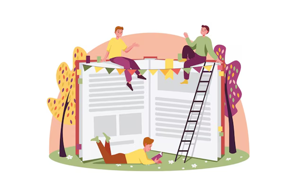 illustration de personnages sur fond orangé lisant des livres - Freepik