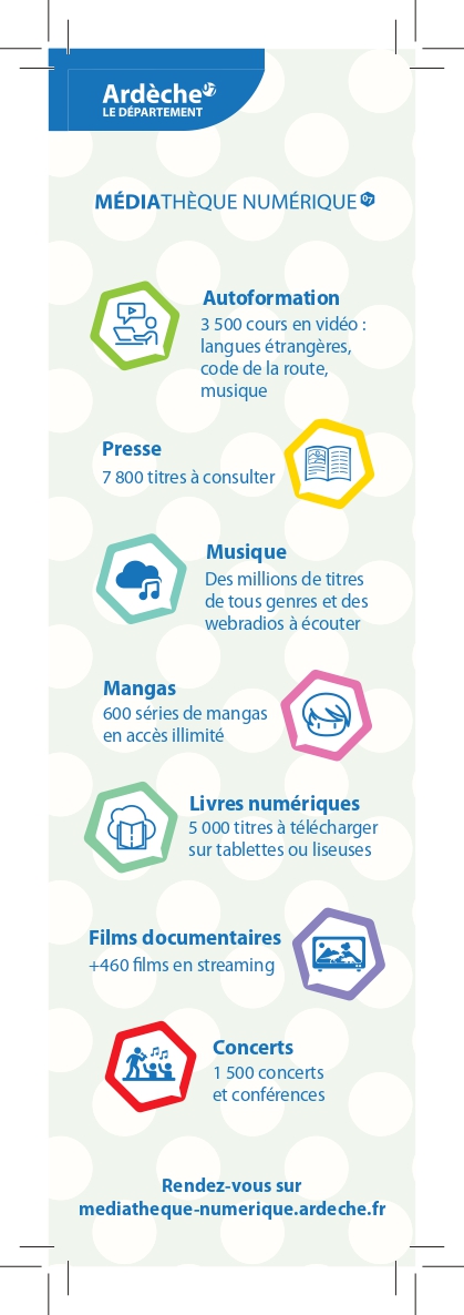 Verso du marque-page sur fond bleu avec le détail des ressources présentes sur le site de la médiathèque numérique