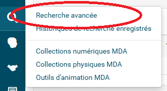 Copie d'écran du logiciel montrant la mention recherche avancée entourée en rouge