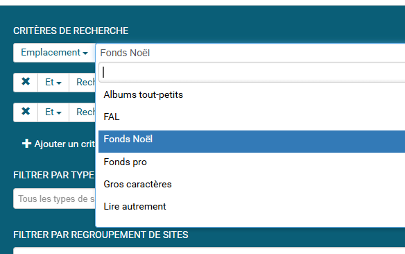 copie d'écran du logiciel et du filtre emplacement et sa liste déroulante pointant sur Fond Noël