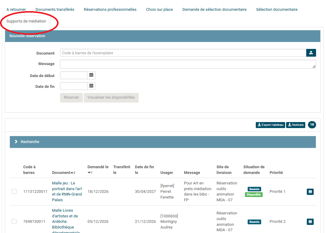 copie d'écran du logiciel Syrtis et d'un compte professionnel ouvert avec l'onglet Support de médiation entouré en rouge