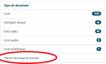 copie d'écran de la mention afficher davantage de résultats à l'intérieur d'une facette