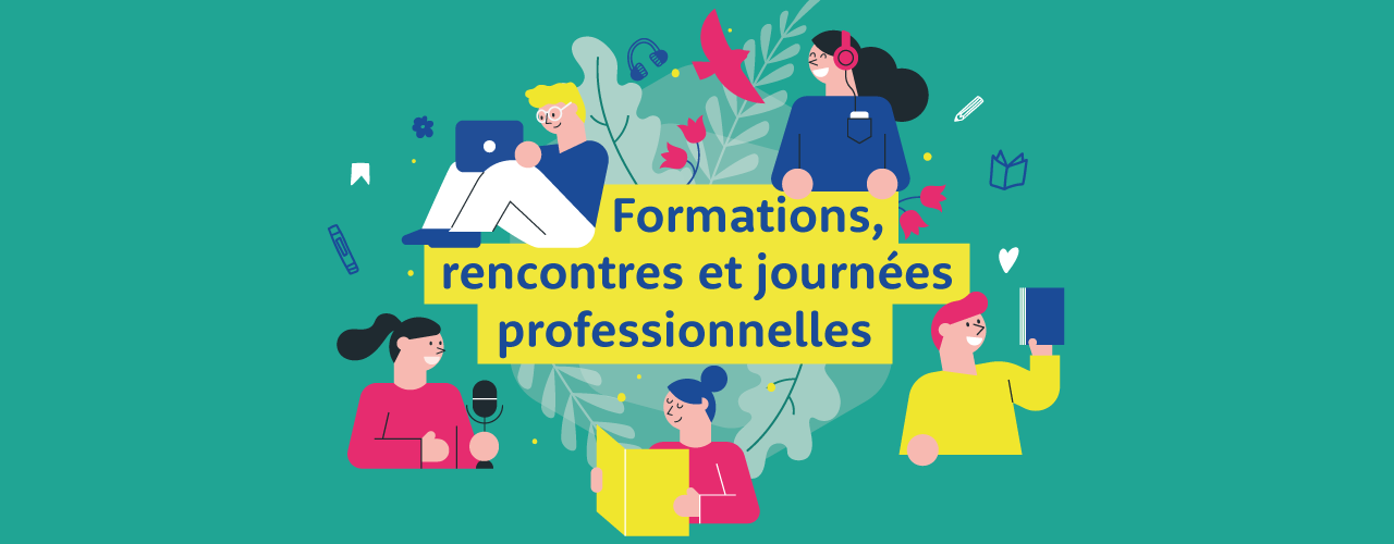 bannière verte avec personnages lisant des livres