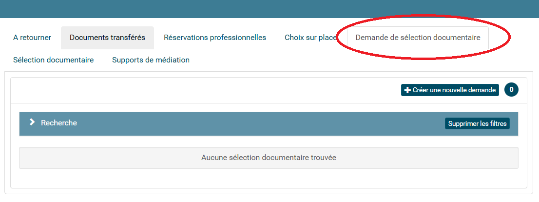copie d'écran du logiciel Syrtis avec un compte professionnel ouvert et l'onglet Demande de sélection documentaire entouré en rouge