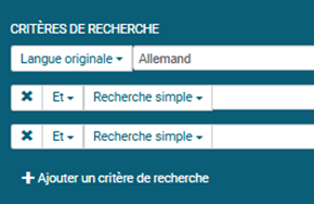 copie d'écran du formulaire de recherche avancée avec le filtre langue originale allemand