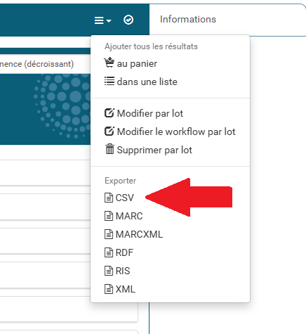 copie d'écran d'une liste déroulante où la mention CSV est pointée en rouge