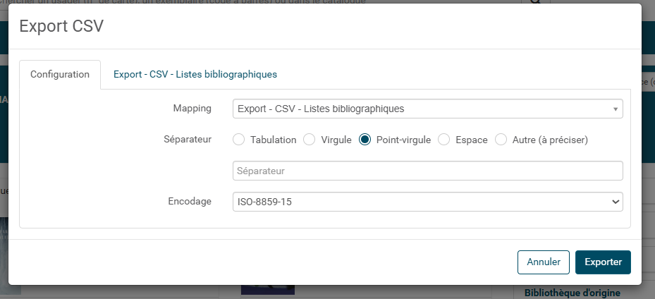 copie d'écran d'une fenêtre montrant le mapping export csv listes bibliographiques