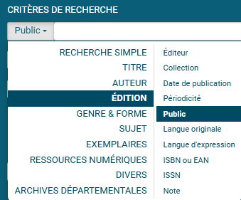 copie d'écran du filtre édition public dans le formulaire de recherche avancée