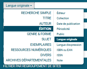 copie d'écran du filtre langue originale sur le formulaire de recherche avancée