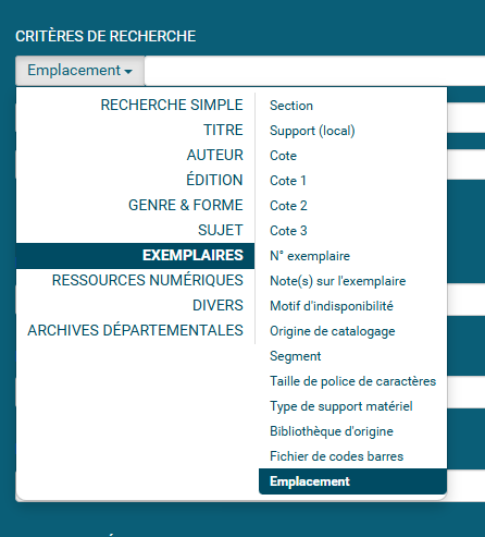 copie d'écran du logiciel avec une vue du formulaire de recherche avancée qui montre le filtre exemplaire et emplacement