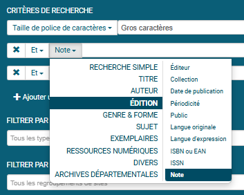 copie d'écran du formulaire de recherche avancée partie Notes