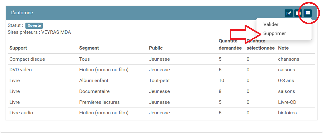 Copie d'écran du bouton de suppression de sélection documentaire