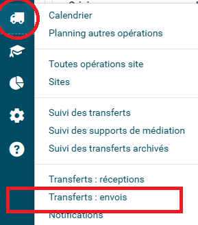 capture d'écran de la liste déroulante avec la mention transfert envoi