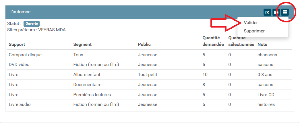 copie d'écran du bouton de validation de la sélection documentaire