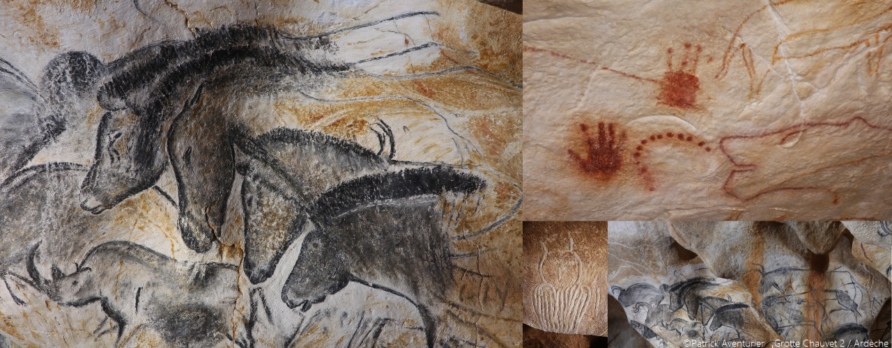 photo d'un mur de la grotte avec des représentations rupestres d'animaux