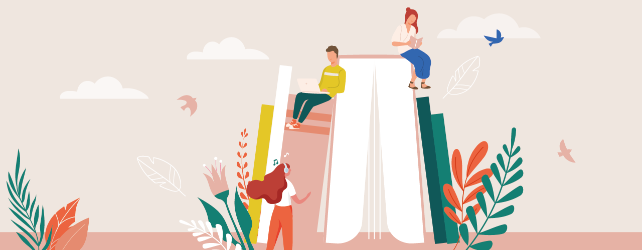 personnages lisant autour d'un livres géant sur fond beige