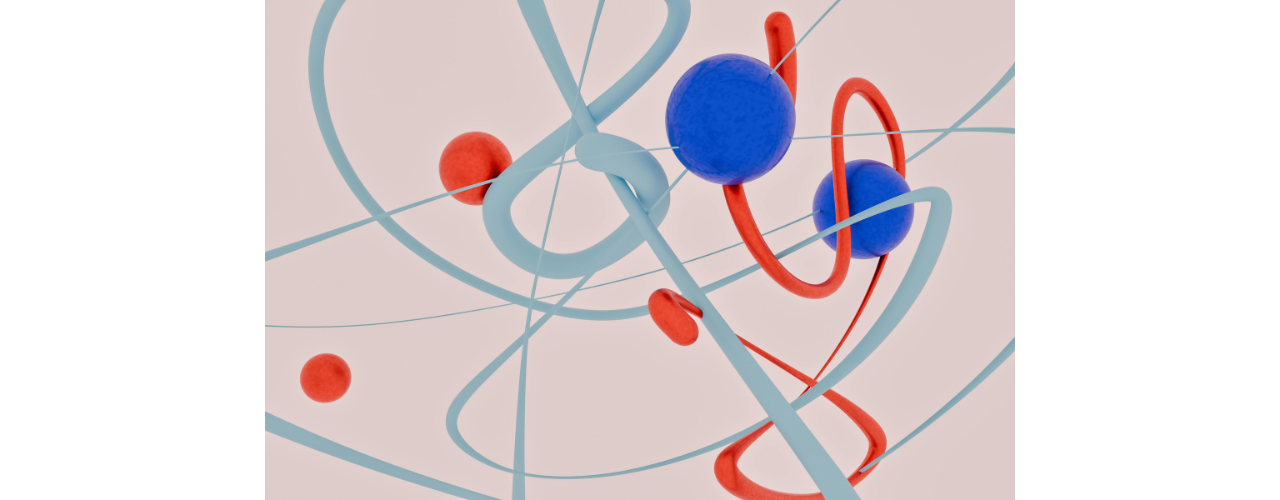 molécules sphériques bleues, rouges sur fond rose