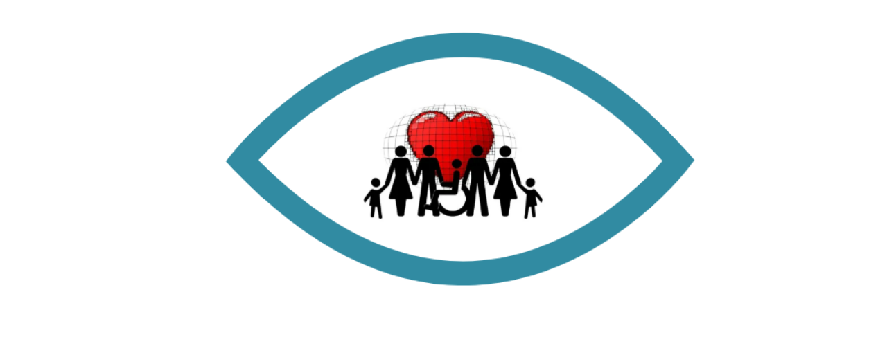logo d'un oeil avec des pictogrammes représentant une famille en noir et blanc au centre