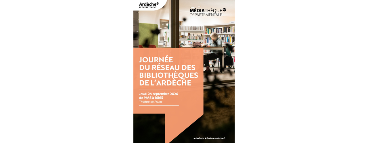 affiche sur fond noir blanc et orange avec photo d'une femme lisant dans une bibliothèque
