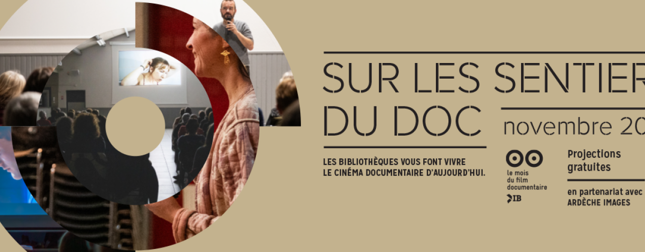 bandeau sur fond beige avec la mention Sur les sentiers du docs et des photos morcelées de personnes en forme de spirale