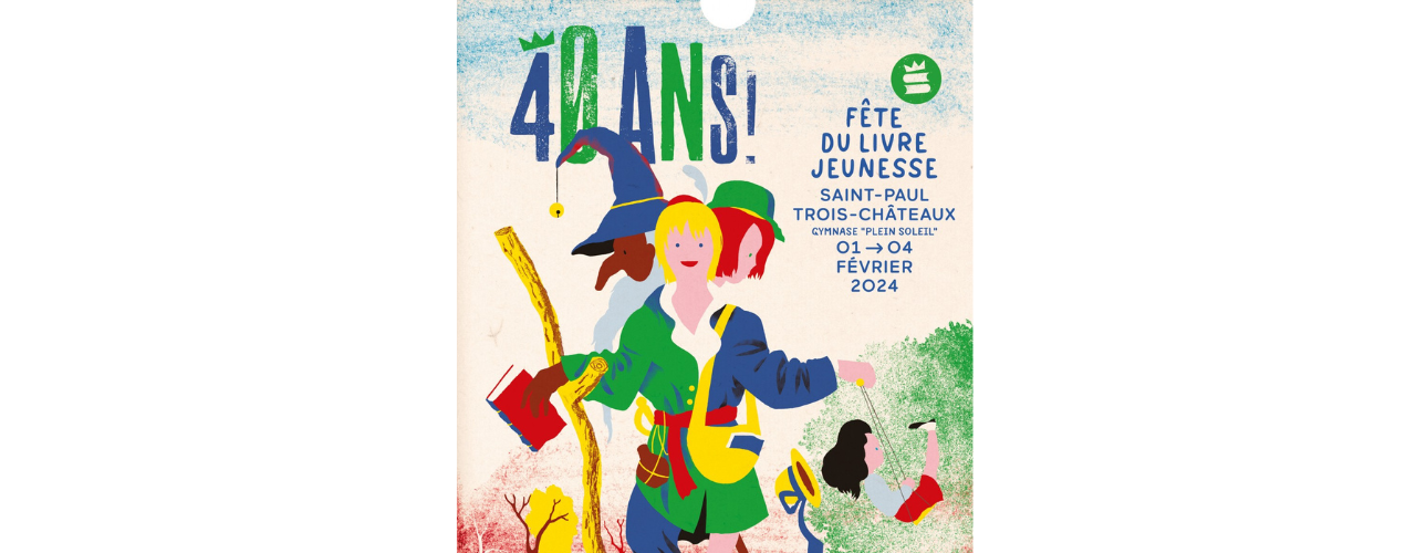 affiche représentant l'illustration d'enfants colorés lisant un livre ou jouant à la balançoire