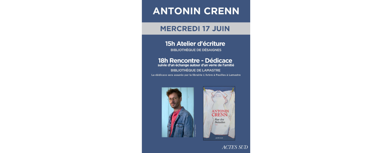 affiche sur fond bleu présentant la photo de l'auteur et de son livre