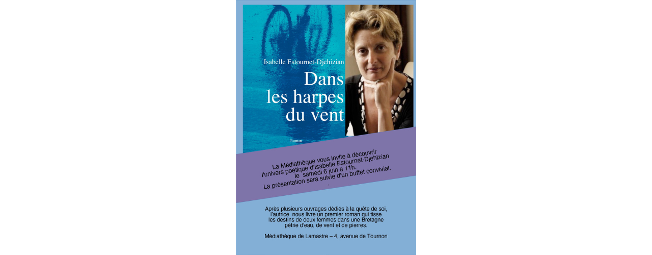 affiche sur fond bleu de la manifestation avec la photo de l'autrice