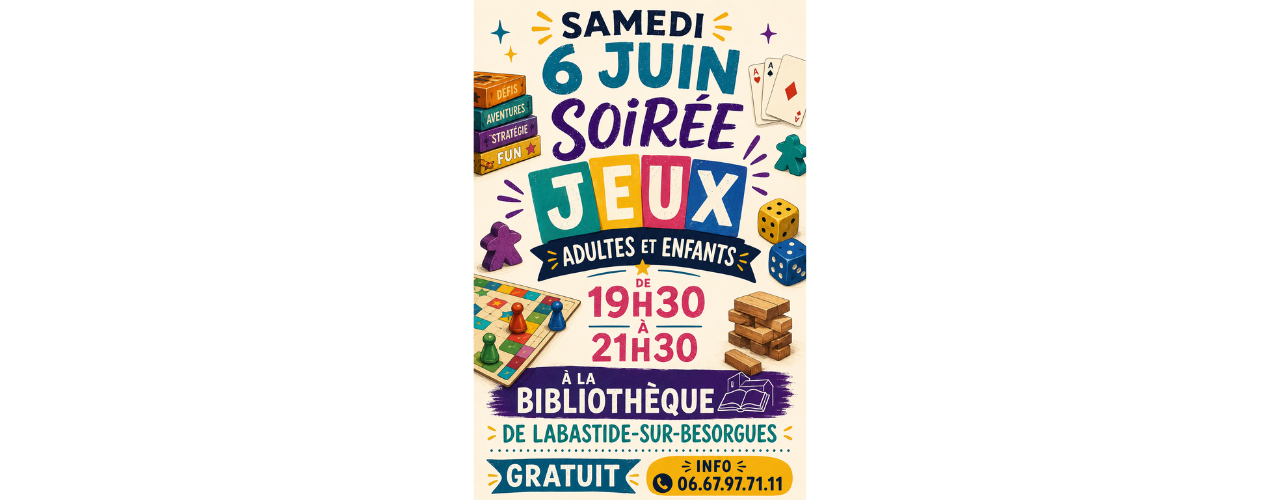 affiche sur fond beige et colorée avec des illustrations de jeux de société