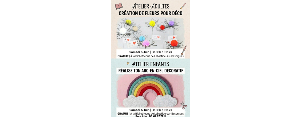 affiche sur fond rose avec l'illustration d'un bouquet de fleurs et d'un arc en ciel