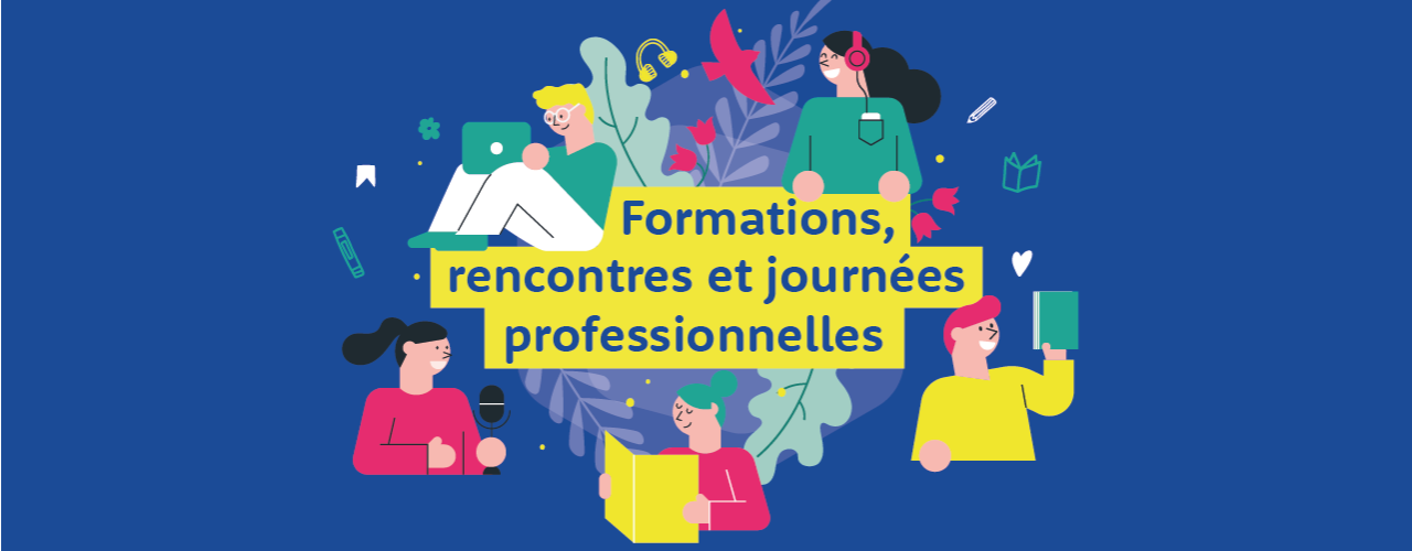 personnages lisant ou écoutant de la musique sur fond bleu