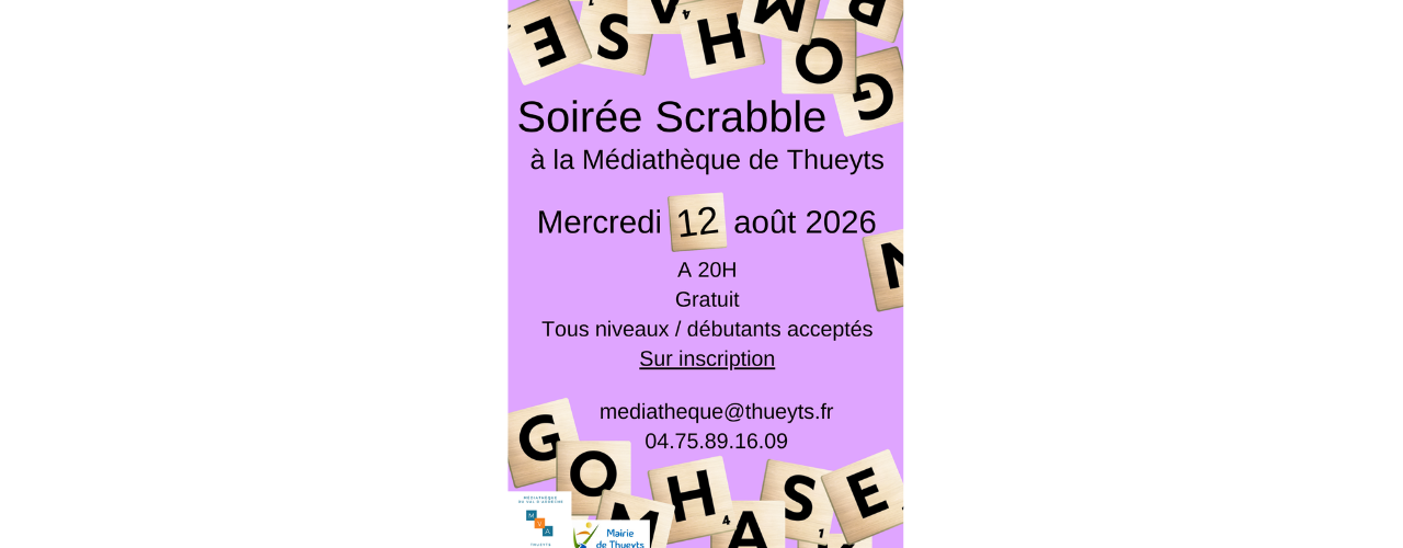 affiche sur fond violet avec des lettres de scrabble.