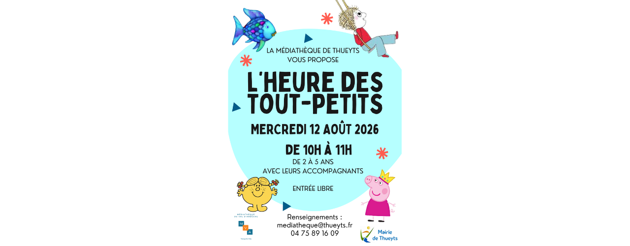 affiche sur fond bleu avec des personnages de dessin animés et les informations reprises dans l'annonce